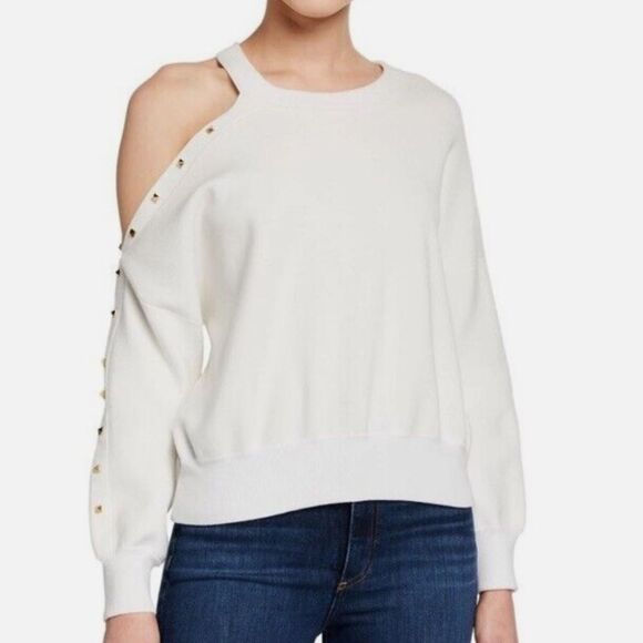 ALICE + OLIVIA - Michael Crewneck Pullover with Cut Shoulder Soft White/Gold SP - Picture 2 of 15
